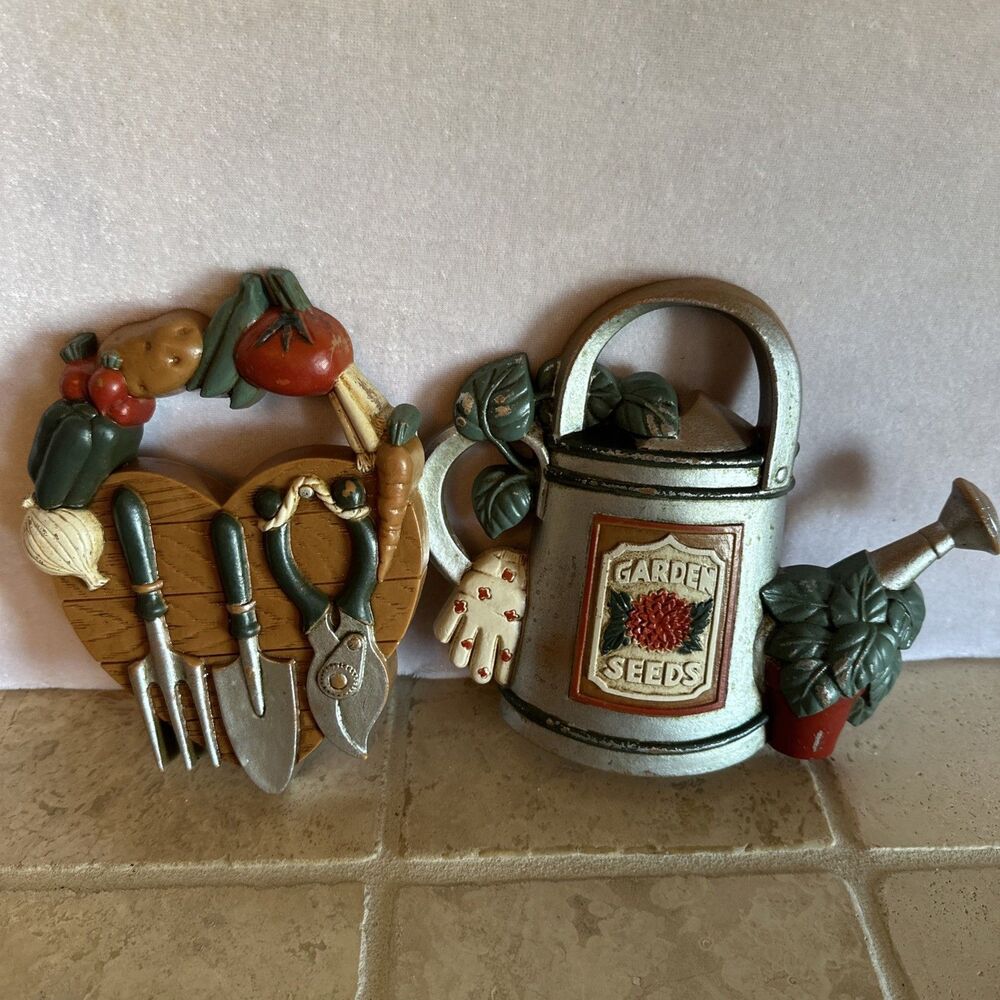 Vintage Home Interiors Wall Plaque Garden Tools Watering Can Seeds Vegetables
